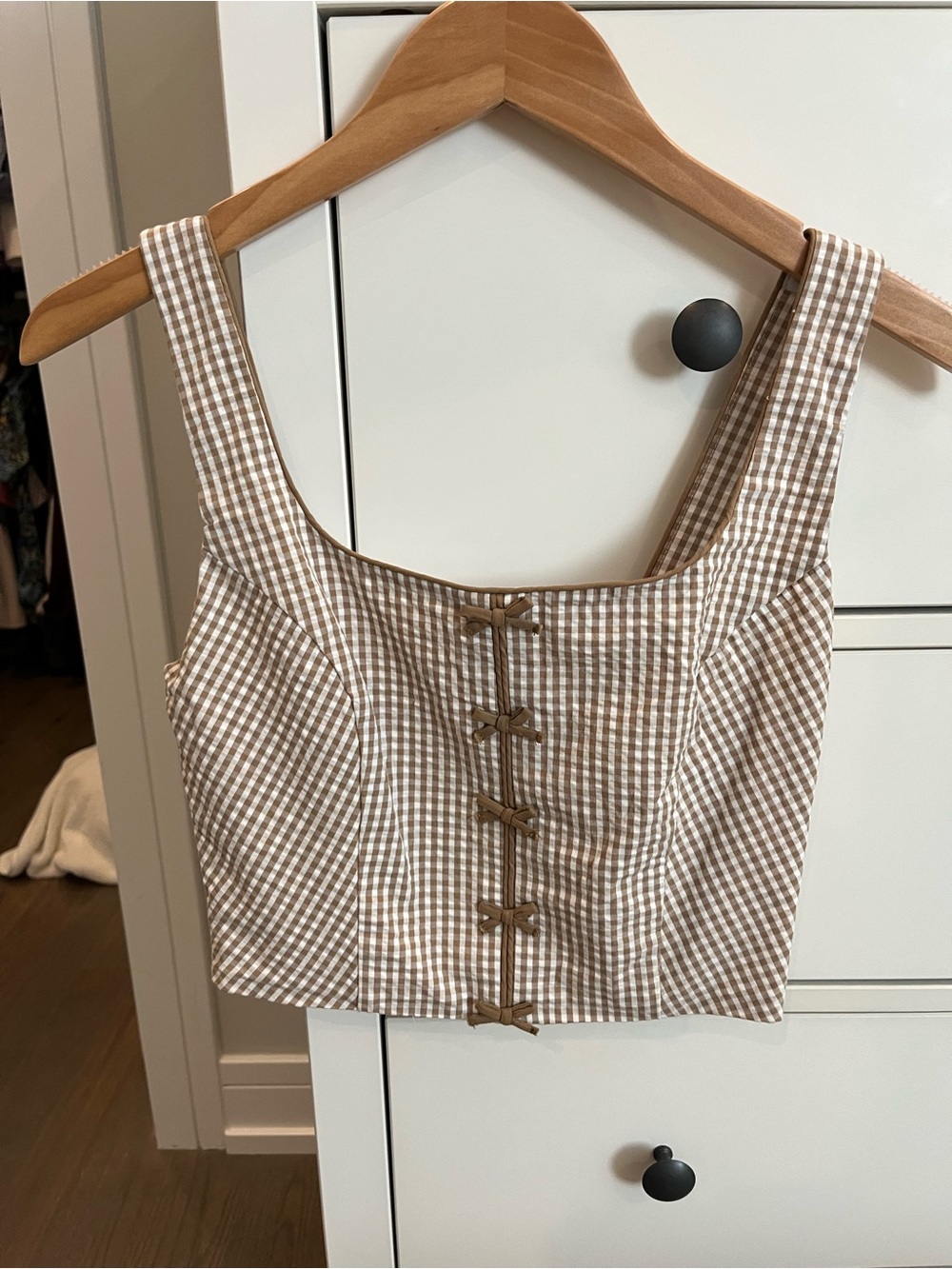 Gingham Bow-Front Brown Crop Top - Women
